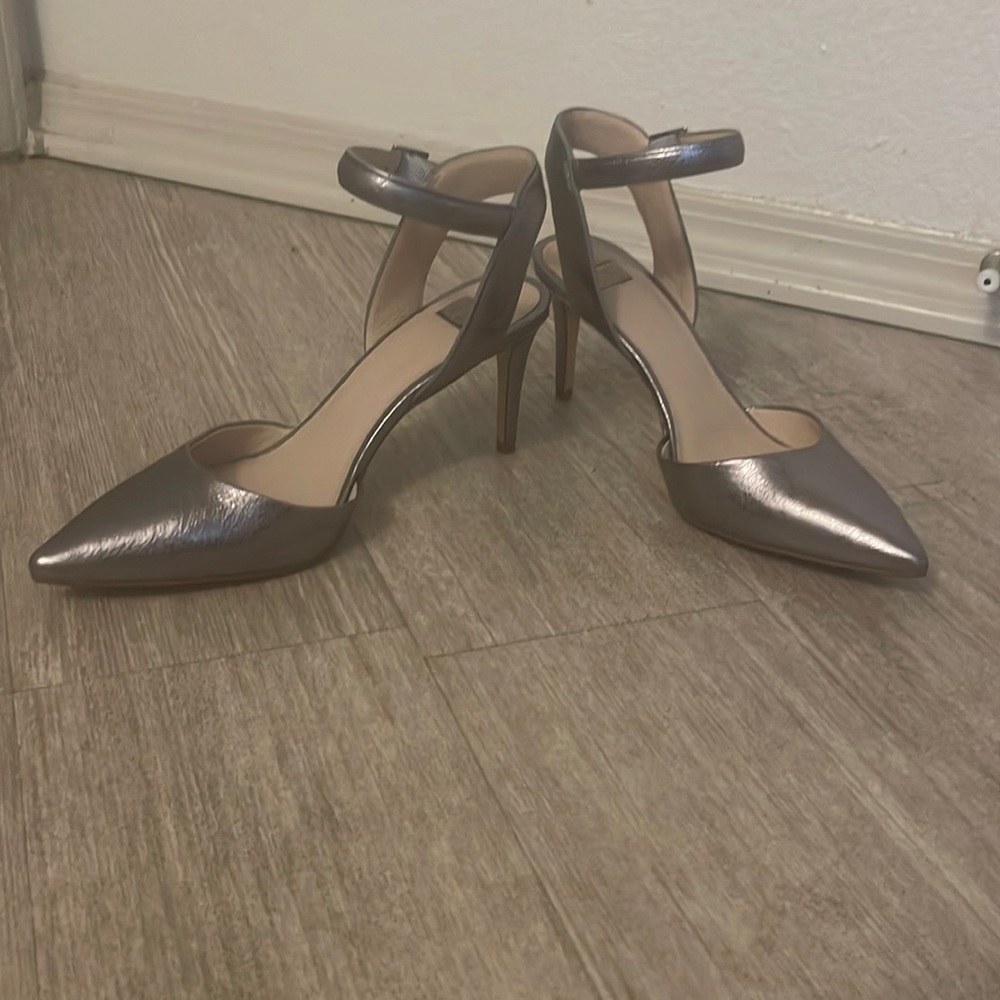 Silver gray metallic ankle strap heels. New with tag never worn
